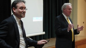 Steve Ours, (left), Chief, Permitting Branch, Air  Quality Division, DC DOE and Councilmember Tommy Wells at Thursday Night's Meeting on the Capitol Power Plant