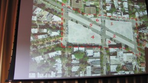 Aerial View of Six Parts of the Metro Plaza and Park Redesign Effort