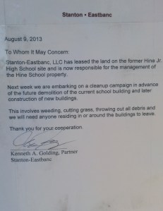 Notice from Ken Golding of Stanton Eastbanc Posted on Exterior of Hine Building