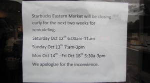 Sign on Barracks Row Starbucks Announces Temporary Early Closings