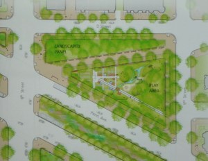 Aerial view of concept for park north of PA Avenue featuring upgraded "guerilla playground" 