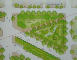 Aerial view of park on north side of PA Avenue featuring "adult play area" and smaller children's playground
