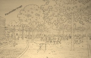 Depiction of Tables and Chairs in Grove of Trees on South Side of Plaza