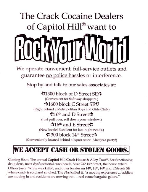 Copy of one of 3,000 flyers posted by Myers and others in 1998 "all over the city" to focus authorities'  attention on Hill East drug issues