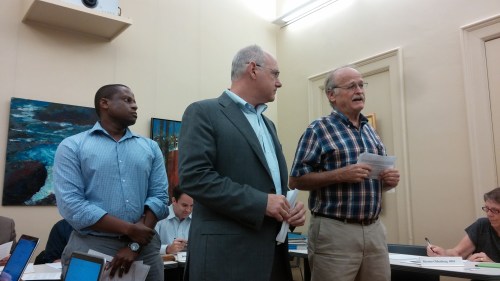 Lionel Lynch and Rich Lake from Roadside Development, join Frager's Owner John Weintraub (far right) at Presentation on Frager's Redevelopment Plan.  Photo:   Kathleen Frydl 