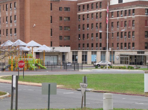 The Entrance to the Family Shelter is at the Right.  Note the New Playground at the Left.