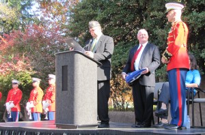 Post 8 Vice Commander David Sheldon Presents A United States Flag Flown Over the US Capitol in His Honor to Retiring Major Brian Dix