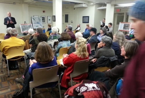 Peter May, National Park Service (upper left) addresses Marion Park residents last night at Southeast Library