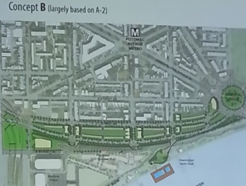 Concept B.  2 lanes, residential, no bus parking. Note floating swimming pool in river, bottom center.