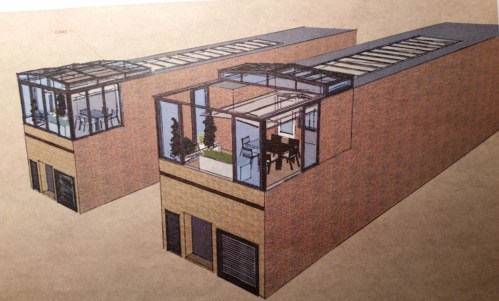 Rendering of Rose's Luxury's Proposed Enclosed Roof Deck with Sliding Glass Roof. The Closer Image Shows the Roof in the Open Position. The other Image Shows It Closed.