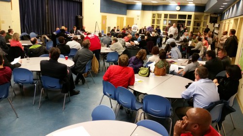 The Mayor's appearance sparked a heavy turnout - many among the crowd were parents concerned about school budget cuts