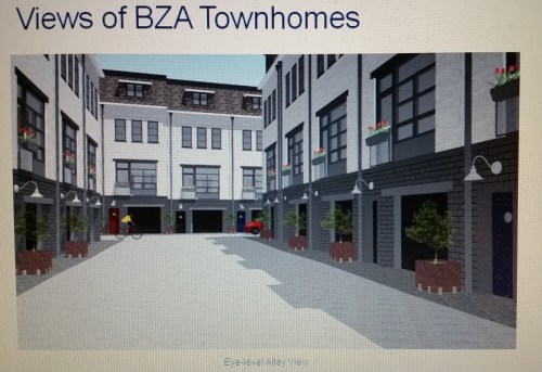 Preliminary rendering of alleyway between two parallel rows of townhouses.