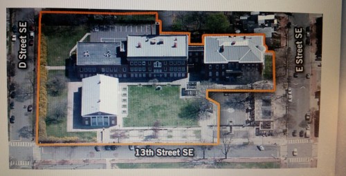 Current Layout of Buildings on the Buchanan School Site.  Note the non historic auditorium attached to the left of the center building and the newer structure on the lower left, both scheduled to be razed.