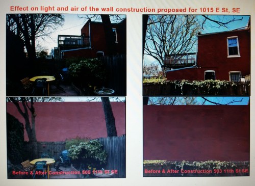 Photos and renderings illustrating the changes that developing the townhouse at 1015 E Street, SE, will have on backyards of 505 and 503 11th Street, SE