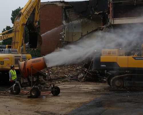 View of demolition of Hine Jr. High School, facing east.