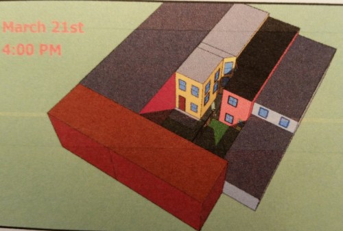 11th Street resident's study showing how proposed extension of 1015 E Street (in red) would affect their sunlight at 4:00pm on March 21