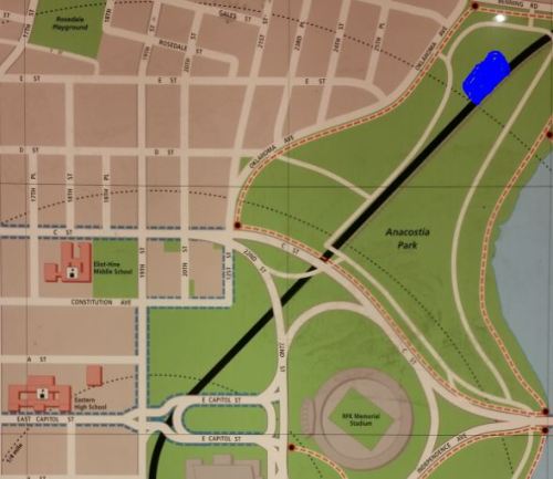 The blue area in the upper right marks the location of the market, accessed at the entrance off of Oklahoma Avenue.