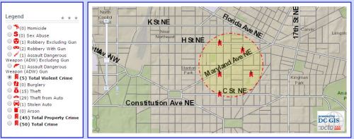 Violent Crimes w/in 1500 feet of 12th and Maryland Avenue, NE in the past 30 days