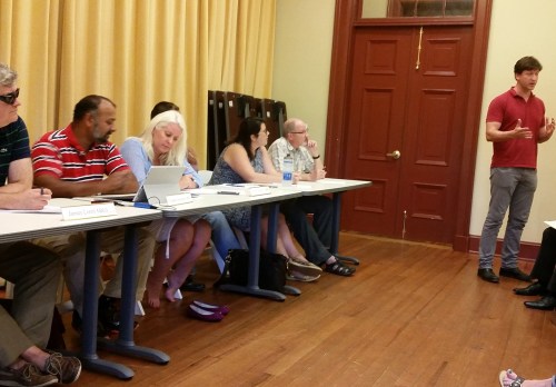 Michael Babin before the ANC6b Alcohol Beverage Control Committee last Thursday.  Commissioner Chander Jayaraman, second from left, chairs the committee
