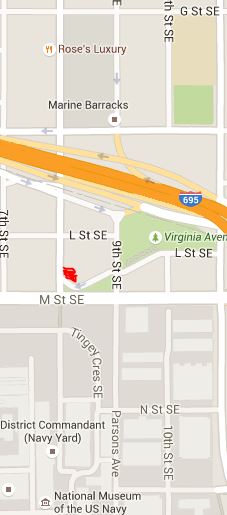 The red area locates the new location on lower 8th Street, across from the Navy Yard to the south and the Blue Castle to the west.