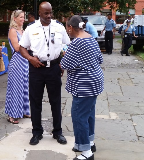 First District Commander Jeff Brown engages residents on National Night Out, August 4, in Folger Park