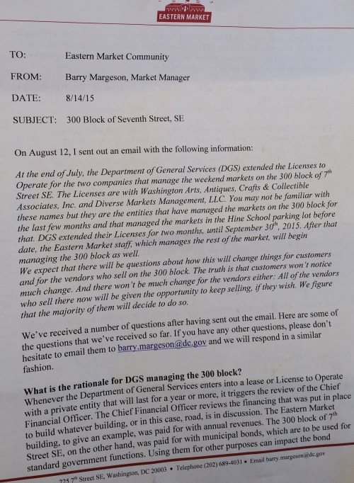 Copy of letter addressed to "The Eastern Market Community" delivered to Eastern Market Arts and Craft Vendors Saturday Morning