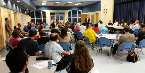 Some 60 residents turned out for last night's ANC6A meeting and education forum at Miner School. Councilmember Charles Allen - standing - attended and discussed his efforts to restore funding for Ward Six school to the city's budget.