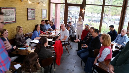 Citizens for a Safe Capitol Hill met this afternoon at Bayou Bakery.  Organizer Sarah Stumbergs is on the left in striped shirt.  
