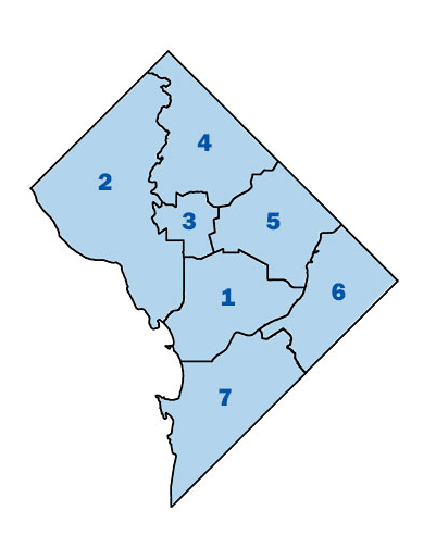 The 6th District lies across the Anacostia River.  Councilmember Charles Allens Ward Six contains all of the 1st MPD District and parts of MPD Districts 3 and 5.
