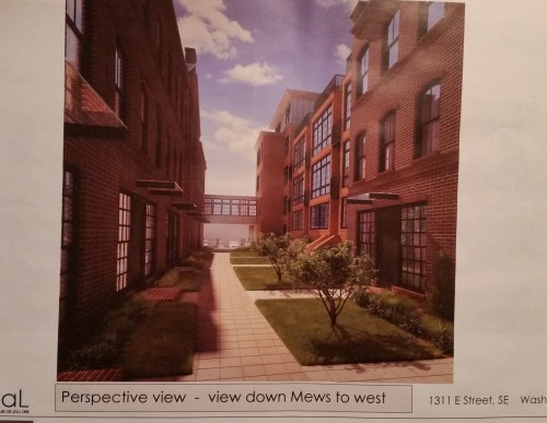 View looking west through the "Southern Courtyard."  Residents and public will have access from the entrance opening onto the the narrow alley that bisects the block north to south.  