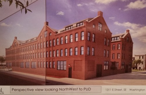 View of Watkins Alley looking north west, showing the entrance to the north courtyard.  The rendering does not show the parking lot for Signature Collision Center which would be on the right of the image.  That parcel is scheduled for development of residential units by Insight Development, who is also developing Buchanan School across the street.  