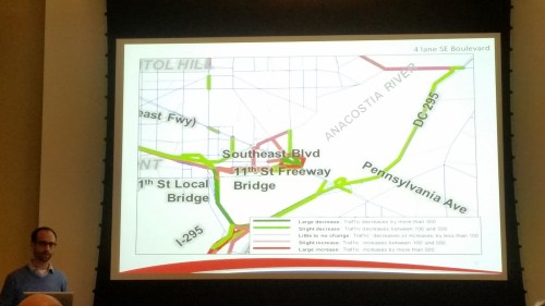 DDOT projects much less traffic on neighborhood streets if the proposed SE Boulevard is four lanes. 