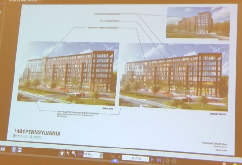 View of project looking Southwest.  Renditions showing May 28 version (left) and current version (right).