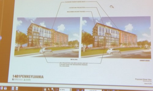 View of the development approaching from the east.  Rendition on left is from May 28 - current  version on right.