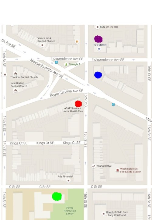 Map showing location of proposed clinic (red), 7-11 (blue), CAG (purple) and Payne School (green)