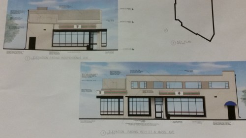 Elevations of proposed 7-Eleven showing view from Independence and from 15th Street (lower)