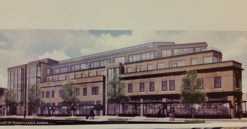 View from Pennsylvania Avenue showing preservation of original facade.  New retail is planned for the original space occupied by Frager's. 