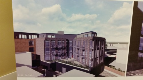 Rear facade of the new four story construction, looking NE.