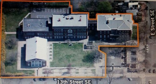 This was the layout of the Buchanan site before demolition began this week.  The newer structure on the lower left has been demolished, as seen in the photo below.  The non-historic auditorium to the left of the center building will be demolished.  The two remaining historic buildings will be converted to condos.  Subscribers to the newhilleast listserv can find a post on the history of the Buchanan site by Hill East resident/activist, Jim Myers, posted on Sunday, titled:  “Our Land of Broken Dreams”.  That piece is reprinted below “The Week Ahead” entries, below.  