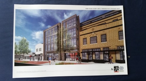 New four story infill -  Frager's on left and resident's entrance on right.  Not surprisingly, the one story building on the far left is planned for redevelopment.  No surprise if the same is true for the former Frager's paint store on the corner.  