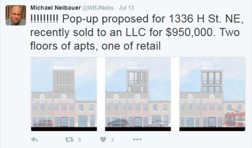 Michael Niebauer, Washington Business Journal tweeted out this alert on July 13.  Images apparently represent possible elevations for the proposed pop-up at 1336 H Street, NE.  Follow Neibauer here: https://twitter.com/WBJNeibs   