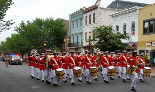 The Marine Corp Band lead the parade, here playing the Marine Hymn as it passed the Marine Barracks 