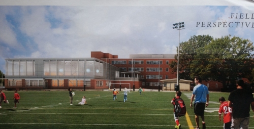 View from the playing field on the east side of the school.