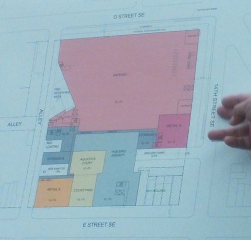 Here's a rendering of the floor plan for the new development.  The Safeway will occupy the bulk of the site's north end.  Two additional retail spaces, a courtyard and aquatic court, plus housing amenities will occupy the project's southern end.