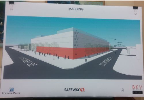 A Foulger-Pratt rendering of the massing - sans details - of the Safeway Development, seen from the corner of 14th and D Streets.