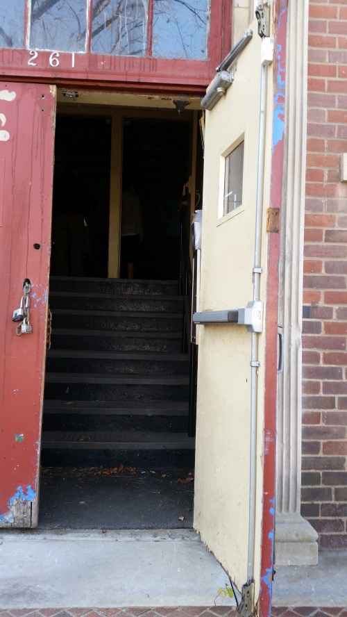 To enter though the door, you sign a waiver absolving the city government of responsibility, don a mask to protect against mold.  Flashlights are provided by DMPED.  