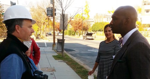 ANC6B Commissioner Daniel Ridge (in helmet) and DMPED C0-Project Manager Dion Townley discuss steps going forward in the RFP process after the tour.  