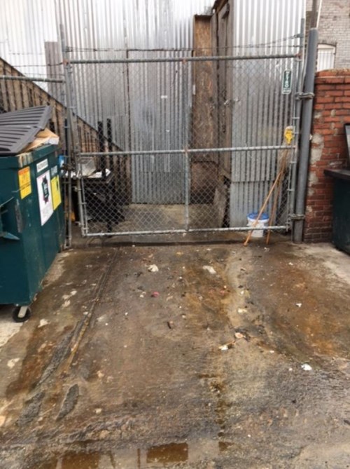 Photo taken this morning of the grease and food waste dump in the alley behind Ambar.  