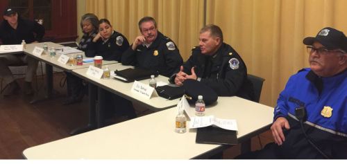 Officials who briefed Hill residents on Inaugural planning, from left:  Chris Geldart, Director DC Homeland Security; Suzette Robinson, COO, DDOT; Commander Morgan Kane, MPD; Commander Keith DeVille, MPD; Commander Eric Belknap, USCP, Commander Mark Beach, MPD.