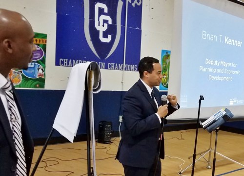 Deputy Mayer for Planning and Economic Development Brian Kenner addresses residents.  Boys and Girls Club Project Manager Dion Townley is at left. 